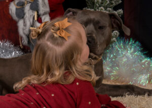 child bonding with family dog during a calm guided experience