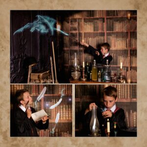 Wall art collage showing a young wizard joyfully casting spells, mixing potions, and writing, highlighting how imaginative play reveals a child's unique identity and strengthens their confidence.