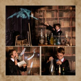 Wall art collage showing a young wizard joyfully casting spells, mixing potions, and writing, highlighting how imaginative play reveals a child's unique identity and strengthens their confidence.