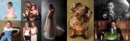 a collage showing first birthday mother and daughter materntiy dog and wizard photographs